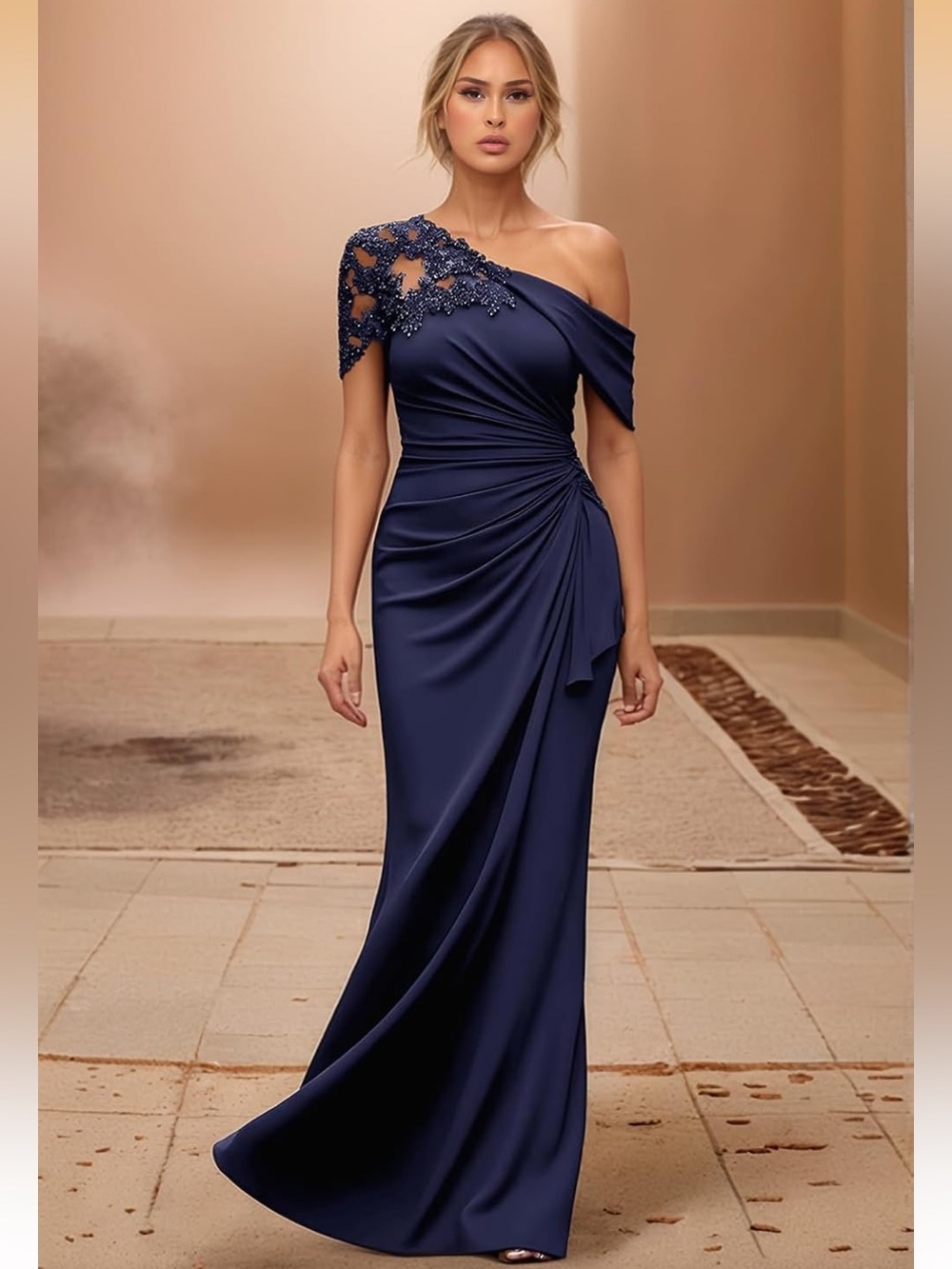 Navy One Shoulder Lace Applique Wedding Guest Gown Size 4 Corset NWT
